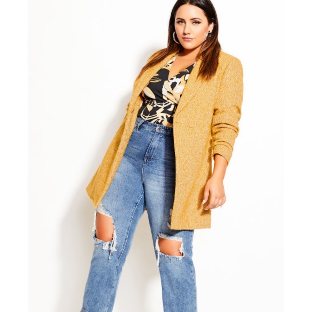 NEW • City Chic • Textured Bliss Coat Gold Yellow XS Pockets Notch Lapel Collar